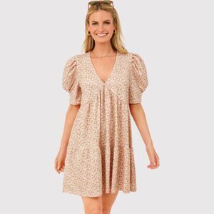 Hyacinth House Mini Dress Beige Floral V Neck Puff Sleeve Tiered Boho Small